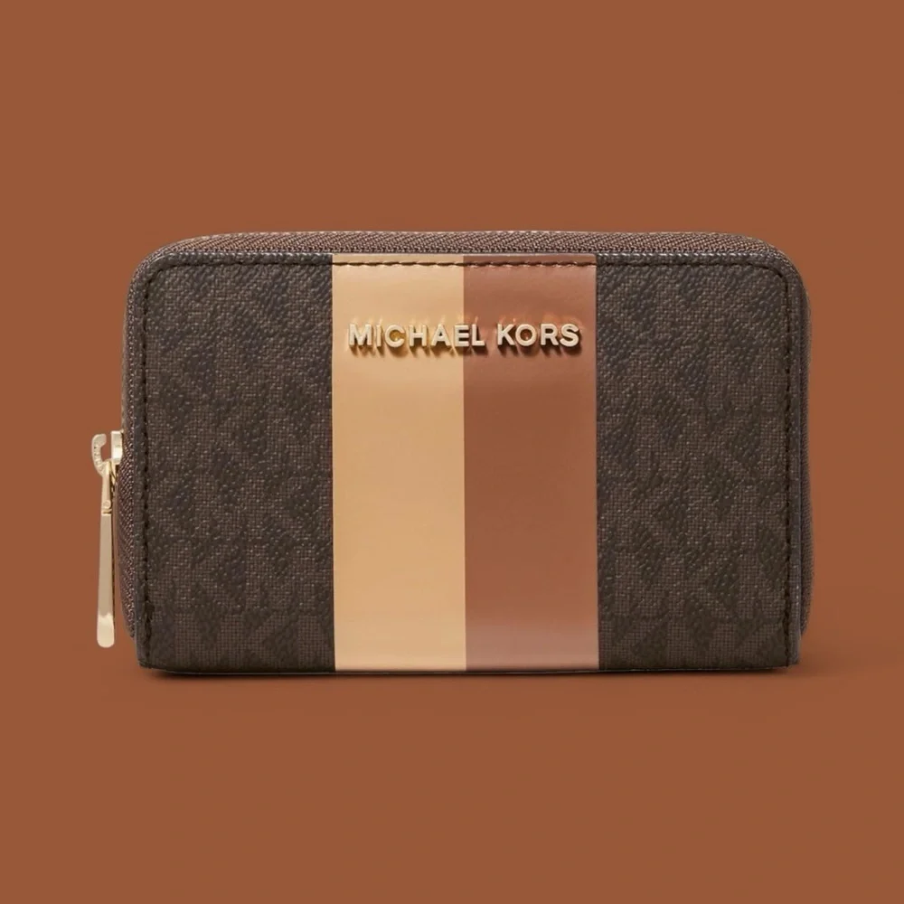 Michael Kors Jet Set Travel Medium Logo Stripe Zip Wallet – Brown/Gold